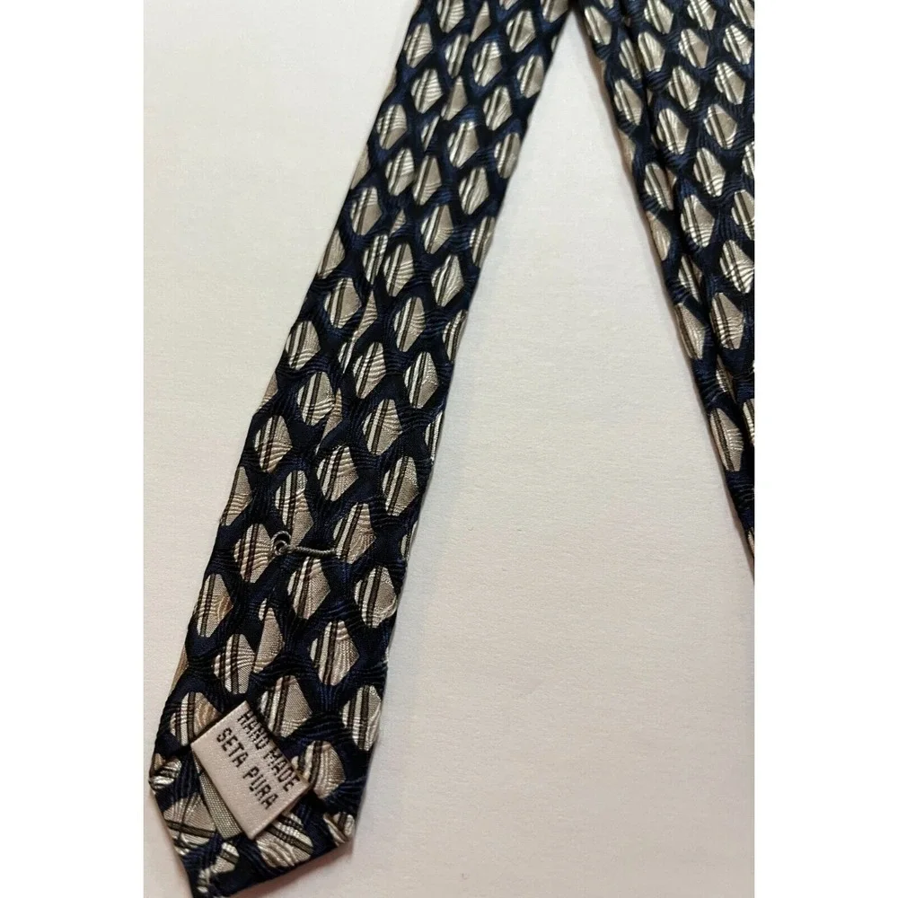Mens‎ Tie Silk Tesoro Rosso Accessory Necktie Navy Blue Ivory Abstract Pattern